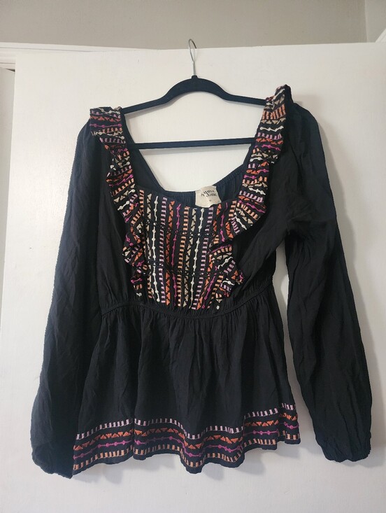 Savanna Jane Tops - Savanna Jane Womens M Black Long Sleeve Embroidered Boho Peasant Ruffle Blouse